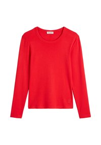 Czerwona koszula z długim rękawem wykonana z miękkiej bawełny, z okrągłym dekoltem i haftowanym logo na dolnym lewym boku. Gładka faktura, luźny krój.