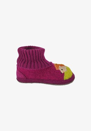 Lila Filzschlappen mit einem gerippten Bündchen, das eine Tierstickerei auf der Vorderseite und einen grünen Akzent an der Zehe aufweist. Weicher Textur und robuste Sohle.