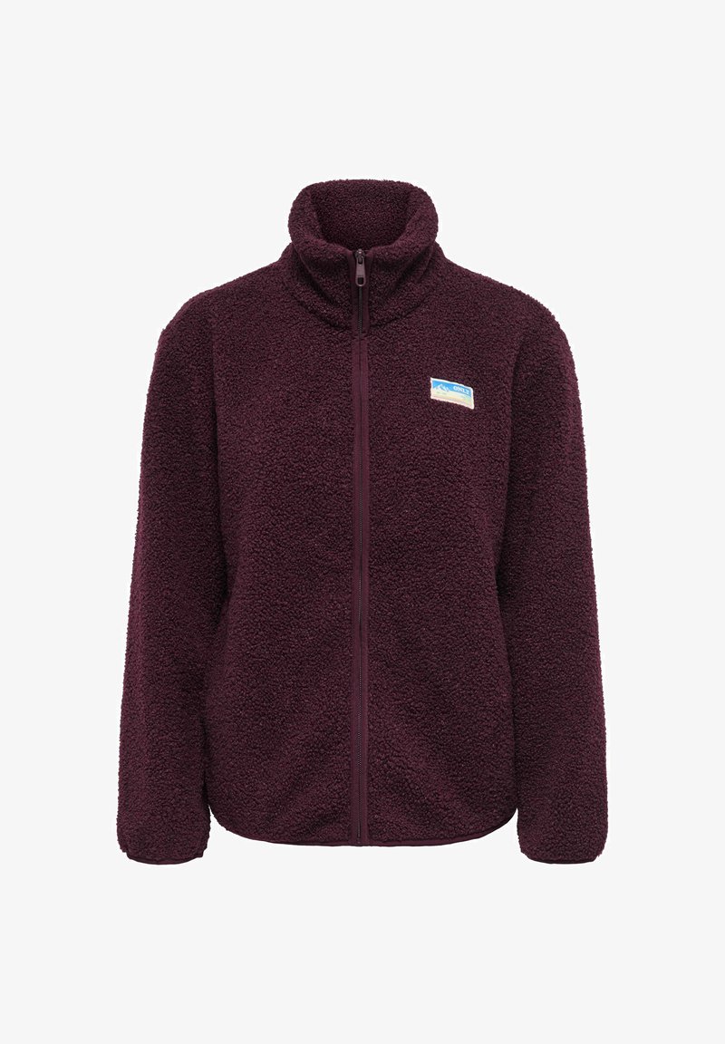 Veste polaire violet foncé zippée intégralement avec un col montant et un petit patch logo rectangulaire sur la poitrine gauche.