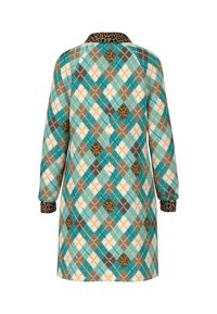 Kariertes Mantel mit Tönen von Petrol, Braun und Weiß, ausgestattet mit einem Leopardenmuster-Kragen und Ärmeln, gefertigt aus einem strukturierten Stoff.