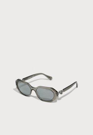 Gray sunglasses with oval lenses and a chunky frame. Features silver accents on the temples and a smooth, glossy finish.
