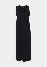 Schwarz ärmelloses Maxikleid aus weichem Stoff mit Rundhalsausschnitt und lockerer, gerader Silhouette.