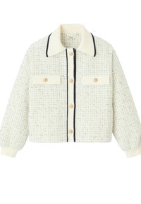 Veste en tweed crème avec un col, accents navy et boutons en bois. Comprend deux poches avant et des poignets côtelés.