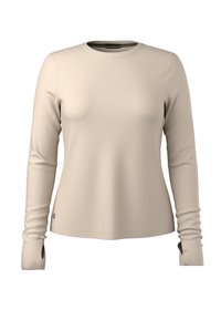 Maglia a maniche lunghe color beige chiaro realizzata in materiale elasticizzato. Presenta cuciture piatte, un colletto arrotondato e aperture per il pollice nei polsini.