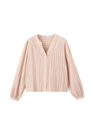 Blusa de manga larga en rosa claro con rayas verticales, cierre de botones en la parte delantera, escote en V amplio y puños fruncidos.