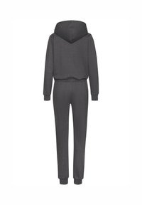 Gray hooded jumpsuit with a relaxed fit, elastic waist, cuffed sleeves, and ankles. Made from soft, textured fabric with a smooth surface.