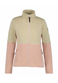Chaqueta de forro polar con un alto cuello, que presenta una sección superior beige y una sección inferior rosa, cierre de cremallera a contraste y bolsillos laterales con cremallera.