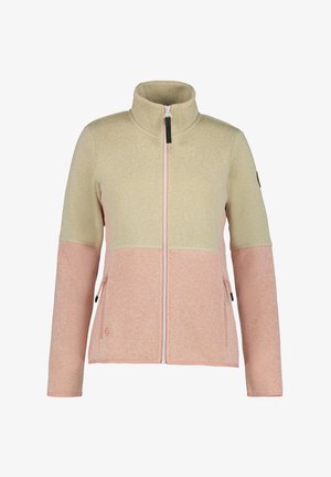Fleecejack met hoge kraag, voorzien van een beige bovenstuk en een roze onderstuk, contrasterende ritssluiting en zijzakken met rits.