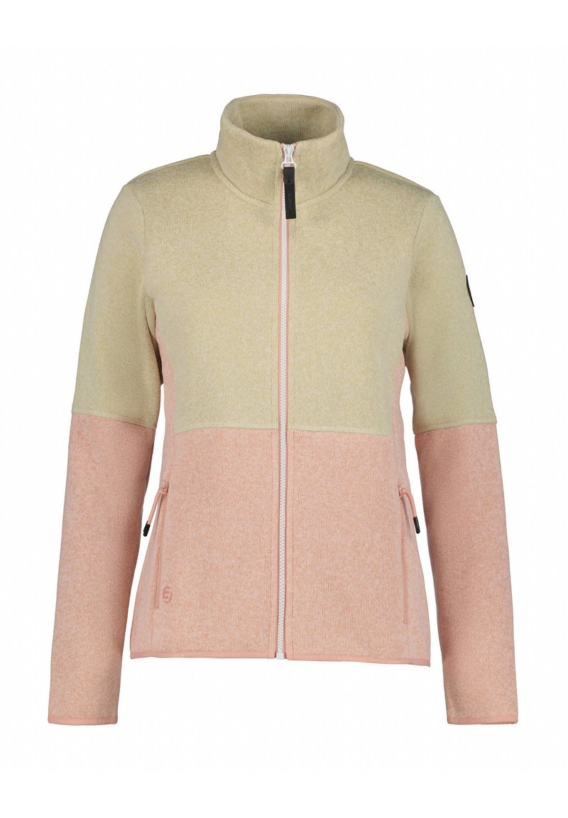 Chaqueta de forro polar con un alto cuello, que presenta una sección superior beige y una sección inferior rosa, cierre de cremallera a contraste y bolsillos laterales con cremallera.