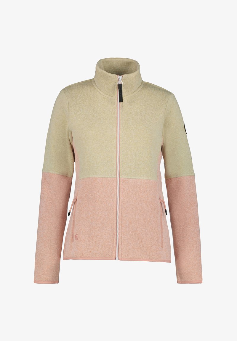 Giacca in pile con colletto alto, caratterizzata da una parte superiore beige e una parte inferiore rosa, chiusura a zip a contrasto e tasche laterali con zip.