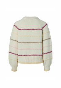 Pull en maille crème à rayures horizontales rose, violet, jaune et marron, vu de dos avec des manches longues et des poignets côtelés.