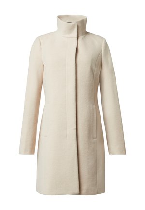 Beige wollen jas met een hoge kraag, rechte snit en zijzakken. De oppervlakte is glad met een iets vlezige uitstraling.