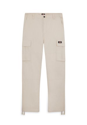 Pantalones cargo beige con dos grandes bolsillos laterales, cierre frontal con botón y lazos de puño. Hechos de un tejido duradero con una textura suave.