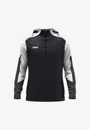 Zwart-witte sporthoodie met een ritskraag, lange mouwen, een voorzak en een logo op de borst. Beschikt over schuine kleurvlakken.