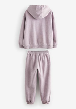 Light purple hoodie with a hood and ribbed cuffs, paired with matching tapered pants featuring an elastic waistband and gathered ankles.