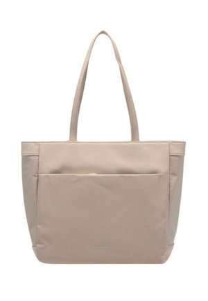 Beige Tragetasche mit zwei Schulterriemen, gefertigt aus glattem Material. Verfügt über eine Fronttasche und ein dezentes Markenlogo auf der unteren Vorderseite.