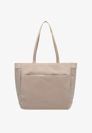 Borsa tote beige con due manici, realizzata in materiale liscio. Presenta una tasca frontale e un logo discreto sul fondo anteriore.
