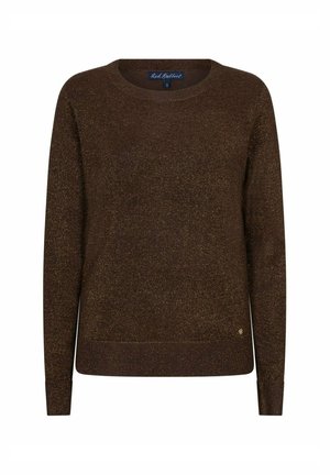 Donkerbruine gebreide trui met lange mouwen, ronde hals en klein rond goudkleurig logo vlak bij de zoom, maat small.