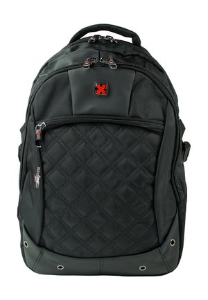 Sac à dos noir en nylon texturé, arborant un motif en losange, une double fermeture éclair et une poche avant avec un accent de logo.