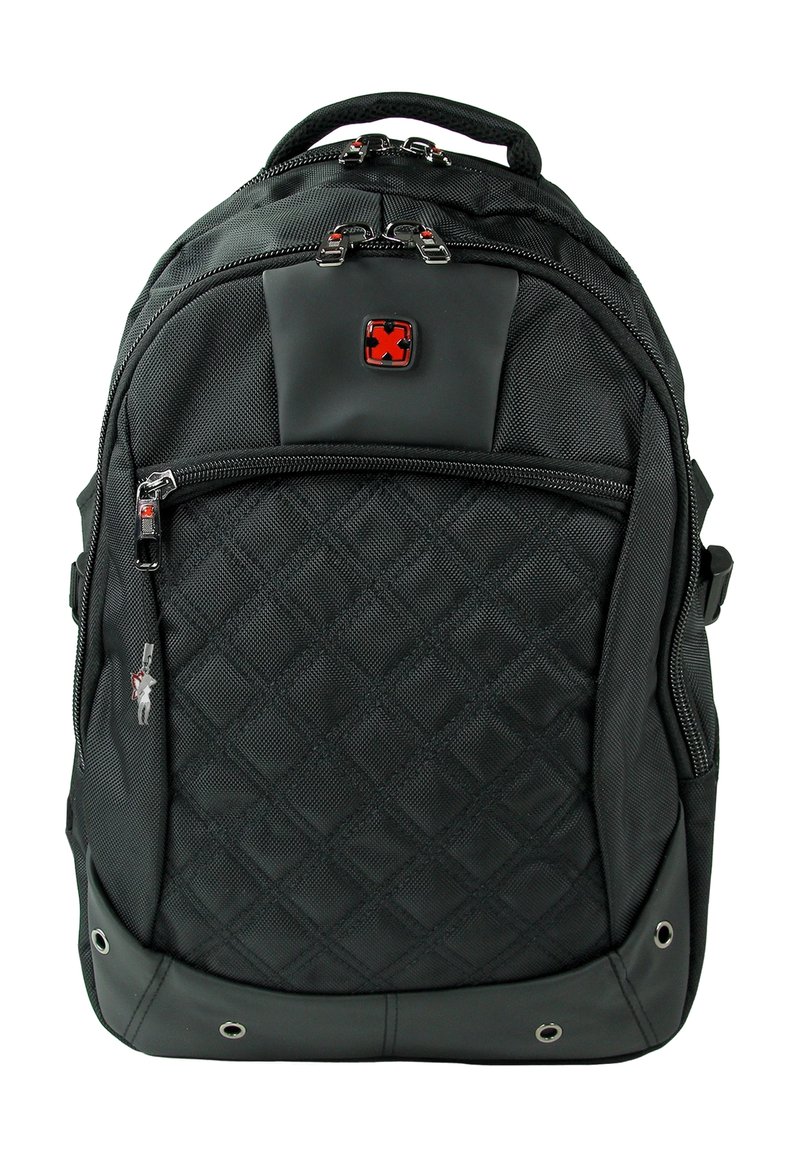 Zwarte rugzak van textuur nylon, met een ruitpatroon, dubbele rits en een voorvak met een logo-accent.