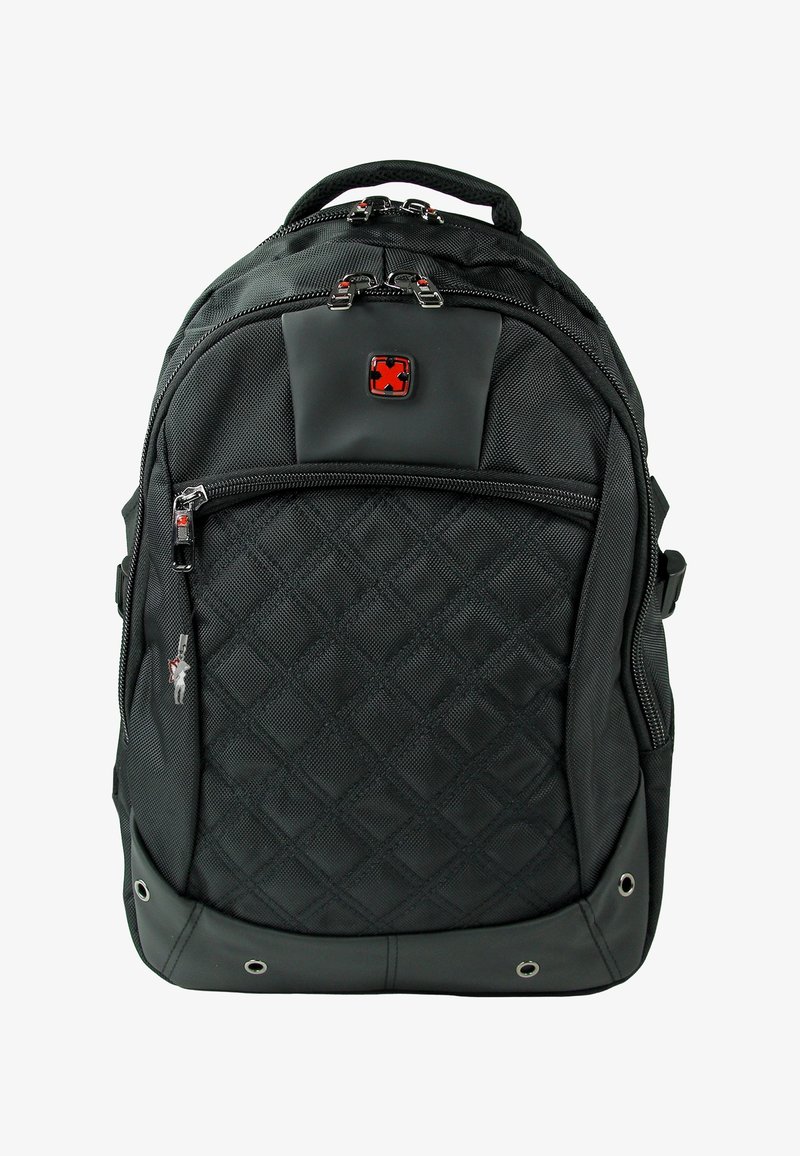 Zwarte rugzak van textuur nylon, met een ruitpatroon, dubbele rits en een voorvak met een logo-accent.