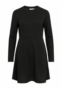 Robe noire à manches longues en tissu côtelé. Corsage ajusté avec une jupe légèrement évasée. Encolure ronde et design simple.