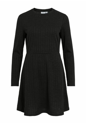 Robe noire à manches longues en tissu côtelé. Corsage ajusté avec une jupe légèrement évasée. Encolure ronde et design simple.