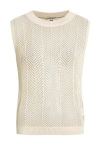 Ärmelloses Strickoberteil in hellem Beige mit einem strukturierten, offenen Webmuster, das einen runden Ausschnitt und einen gerippten Saum aufweist.