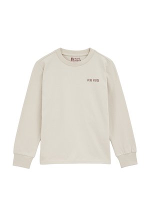Beige långärmad t-shirt i bomullsmix, med rundad halsringning och liten "BLUE RIDGE" grafik i mörkröd färg på vänster bröst.