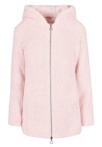 Chaqueta con capucha de color rosa, fabricada en un tejido suave y texturizado, que cuenta con una cremallera frontal y un dobladillo redondeado con un detalle de anilla.