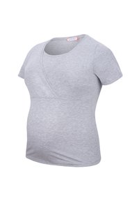 Grijze zwangerschaps-t-shirt met korte mouwen, gemaakt van een zachte katoenmix, met een kruisdraagontwerp aan de voorkant en een ronde halslijn.