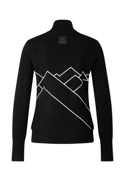 Fekete pulóver magas gallérral, hátul kiemelkedő fehér hegyvonulat mintával. Bordázott mandzsetta és szegély. Címke látható a nyaknál.