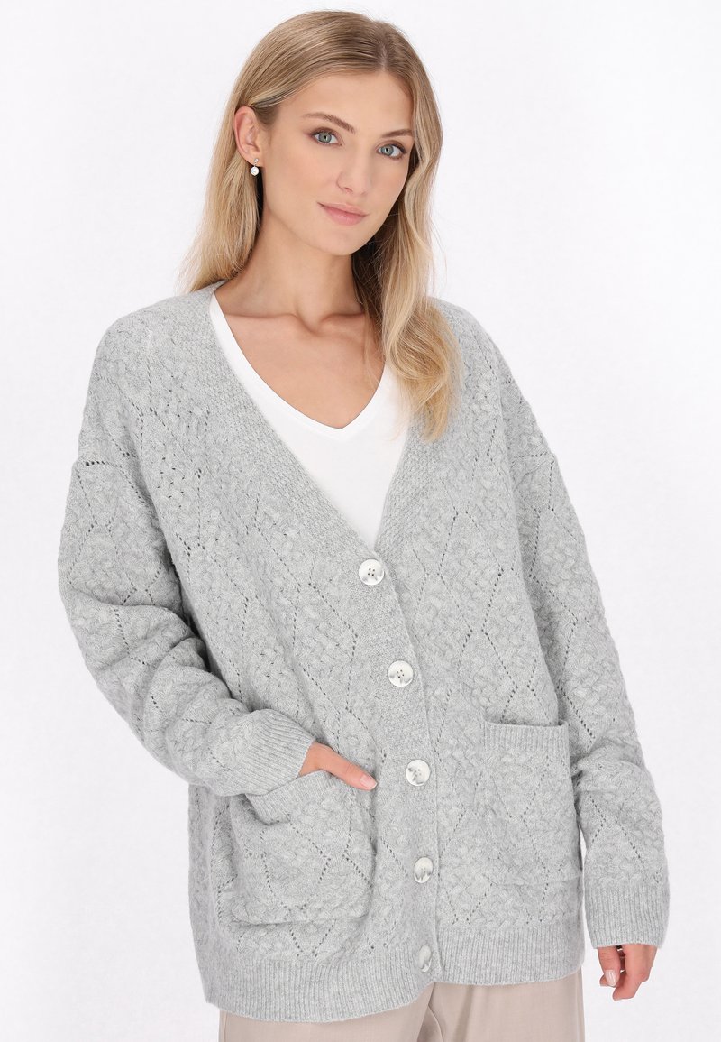 Šedý pletený cardigan s diamantovým vzorem, kulatými knoflíky a postranními kapsami. Měkká textura, otevřený přední design a žebrované manžety.