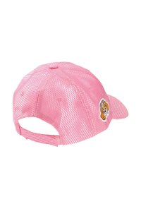 Pink mesh cap featuring a curved visor, adjustable back strap, and a cartoon animal patch on the front. Textured surface with ventilation holes.