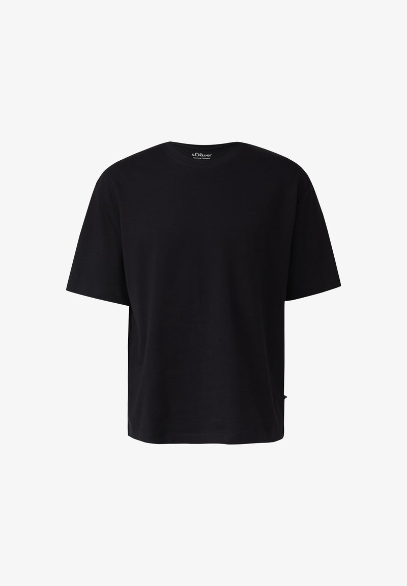 T-shirt noir en coton à manches courtes, col rond, coupe décontractée, devant uni et petite étiquette s.Oliver au niveau de l’encolure.
