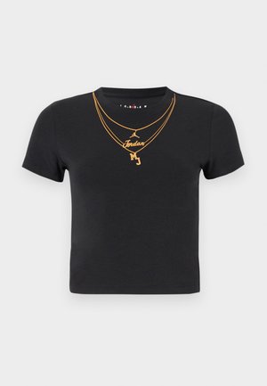 Sort bomulds T-shirt med rund hals, korte ærmer og guld kædedesigns med "Jordan" og "MJ" tekstudsmykninger.