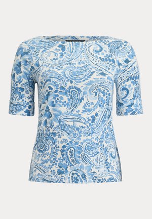 Cămașă cu mânecă scurtă, albastră și albă, cu model floral și paisley și decolteu rotund.