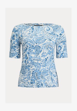 Modrá a biela košeľa s krátkym rukávom s kvetinovým a paisley vzorom a okrúhlym výstrihom.