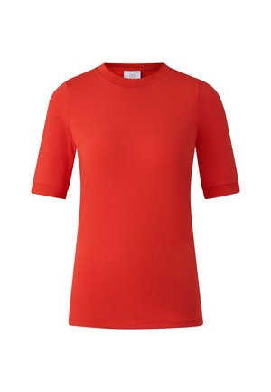 T-shirt rouge à manches courtes en mélange de coton, avec un col rond et une texture lisse, doté de manches retroussées et d'un ourlet droit.