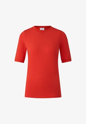 T-shirt rouge à manches courtes en mélange de coton, avec un col rond et une texture lisse, doté de manches retroussées et d'un ourlet droit.