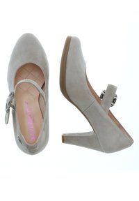 Gray suede high heel shoes with a rounded toe and a strap featuring a decorative buckle. Textured insole with quilted pattern.