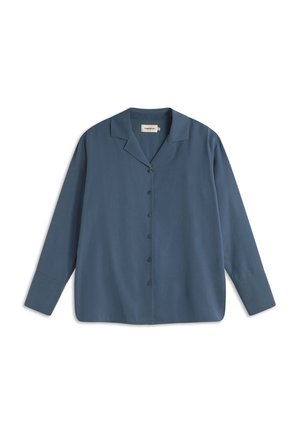 Blue button-up shirt with a collared neckline and long sleeves. Made of a smooth fabric, featuring a relaxed fit and no visible patterns.