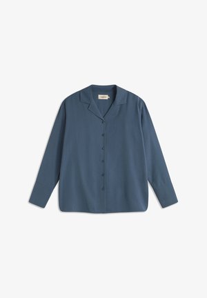Chemise bleu à boutons avec un col et des manches longues. Fabriquée dans un tissu lisse, elle présente une coupe décontractée et ne comporte aucun motif visible.