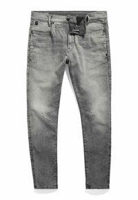 Slim-fit grå denimjeans med blekt tvätt, framknapp och dragkedja öppen, bälteslingor samt synliga fram- och bakfickor.