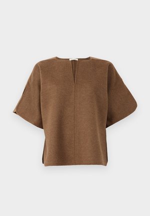 Brown wool-blend top with a relaxed fit, wide sleeves, a V-neckline, and side slits for ease of movement. Soft texture, minimal design.