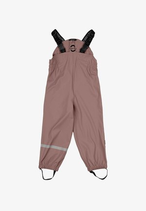 Ūdensnecaurlaidīgas rozā kombinezons ar regulējamiem melniem siksnām, elastīgu jostu un atstarojošu joslu apakšā. Gluda, izturīga auduma tekstūra.