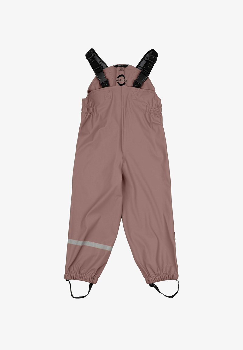 Salopette rosa impermeabile con bretelle nere regolabili, vita elastica e striscia riflettente in basso. Tessuto liscio e resistente.