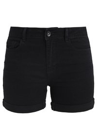 Černé denimové šortky s přiléhavým střihem, ohrnutými manžetami, předním zapínáním na knoflík a tradičními kapsami. Hladká textura a bez ozdob.