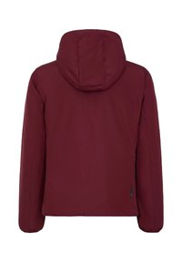 Giacca imbottita bordeaux con cappuccio, maniche lunghe e senza chiusure visibili, mostrata di spalle su uno sfondo bianco.