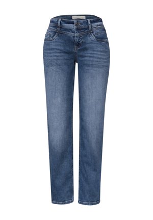 Denim-Jeans in mittlerem Blau. Gerades Bein-Design mit fünf Taschen, Knopfverschluss und dezenter Waschung. Glatte Textur mit leichtem Verblassen.